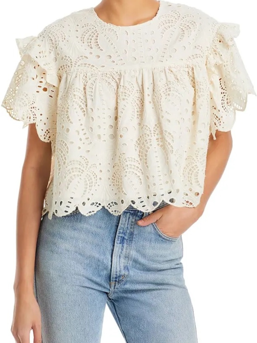 FARM Rio Palm Tree Richelieu Eyelet Ruffle Blouse